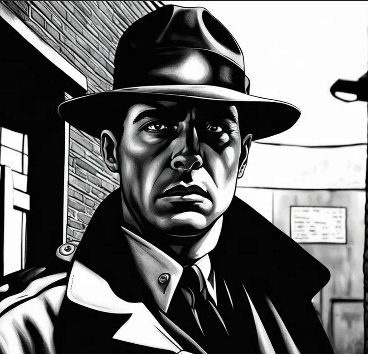 A black and white picture of a noir style detective