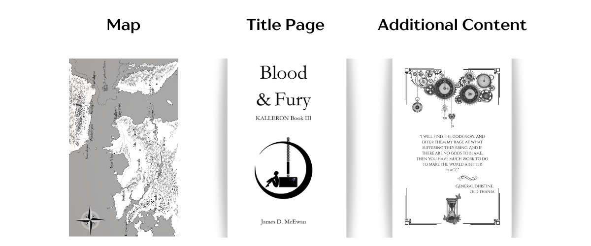 Three examples of the front matter of a book