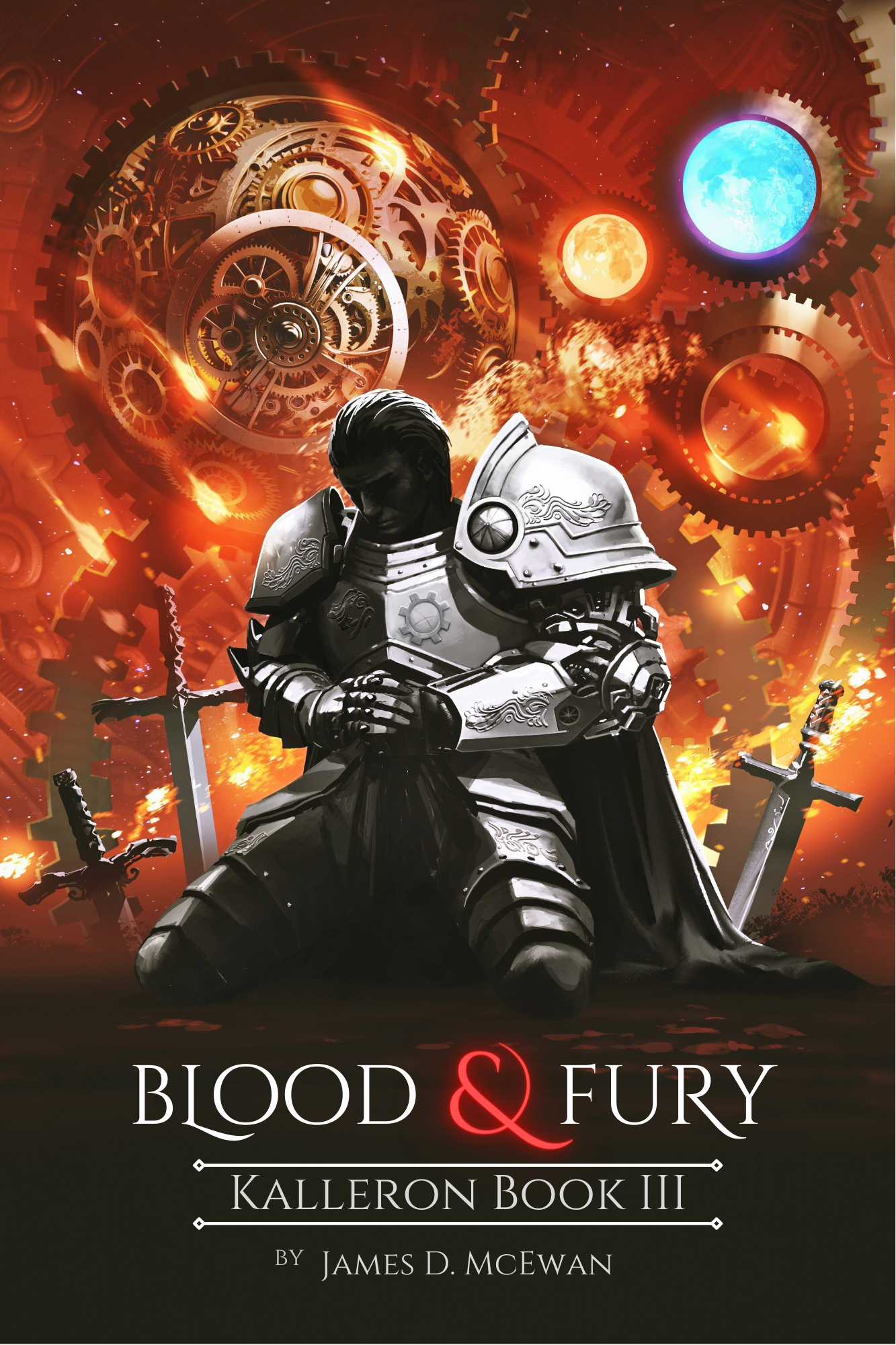 Cover image of Blood and Fury: Aracyse kneeling against a background of fire and fury